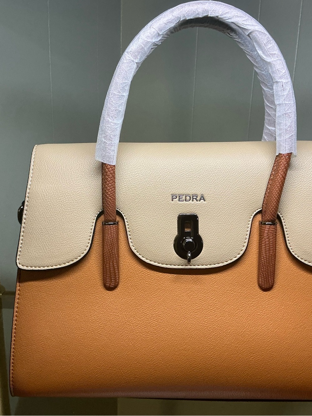 Two-Tone Brown Khaki Structured Satchel